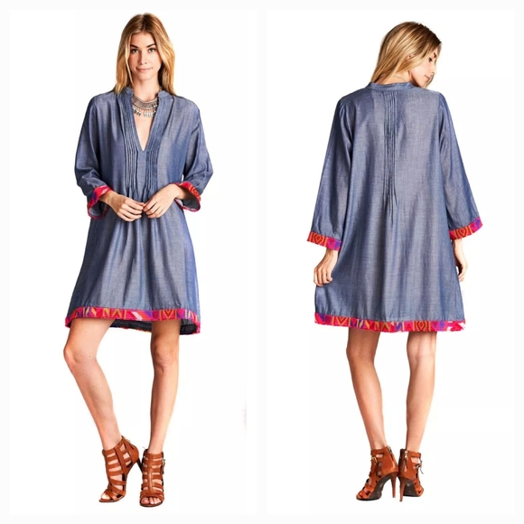 Velzera Embroidered Trim Chambray Denim Tunic Dress in Blue Size Small - Picture 1 of 12